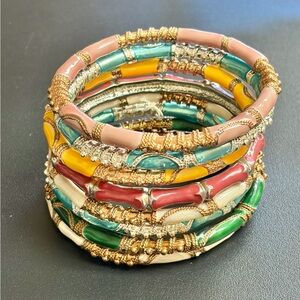 Vintage enamel and gold tone textured stacking bracelets set of 8